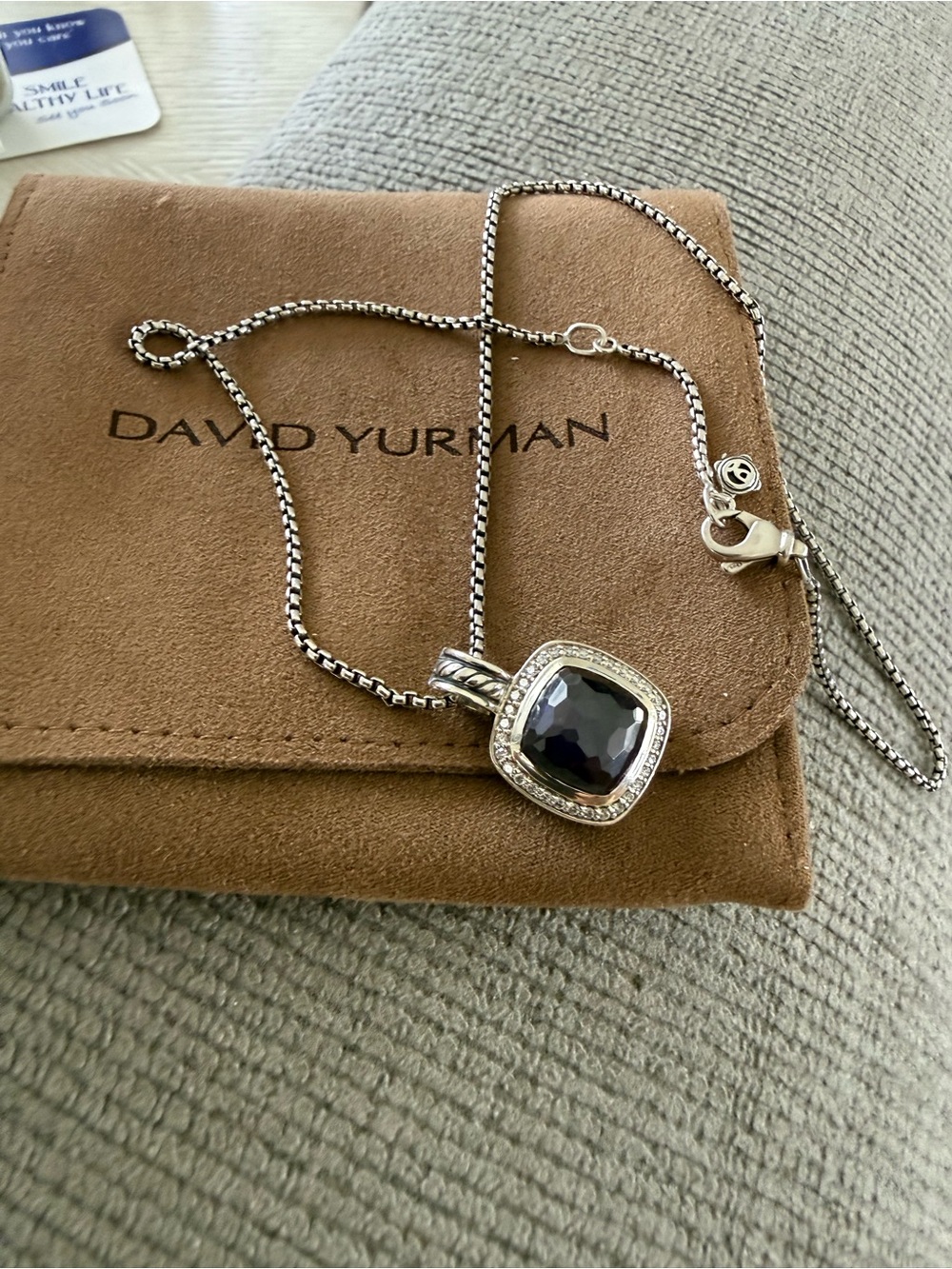 David Yurman Silver Necklace  Black Amethyst  Pendant  / diamonds 16-17 11mm